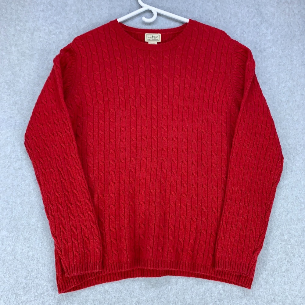 L.L. Bean Sweater Womens XL Red Lambswool Blend Cable Knit Crewneck Pullover Y2K